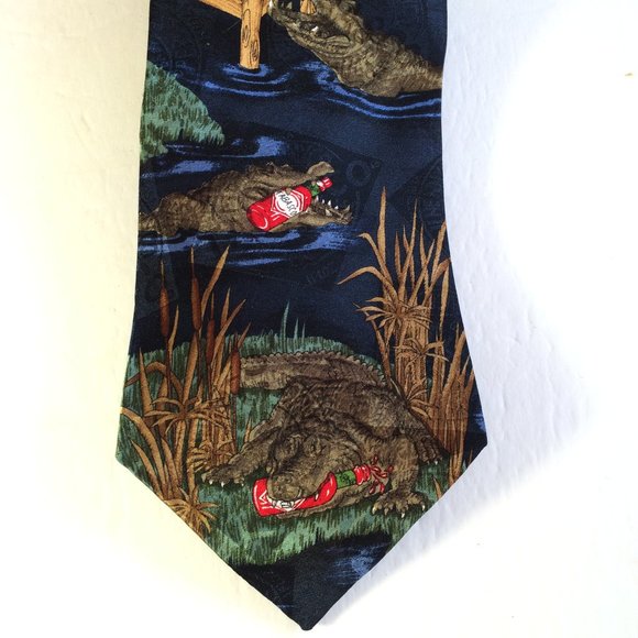 Tabasco Pepper Sauce Mens Silk Tie Navy Blue Crocodiles Bottles Print USA Made - Picture 2 of 7